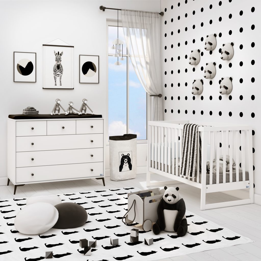 חדר רגב הוא חדר לתינוק בעיצוב משולב של מיטה נעם ושידה רגב בצבע לבן בעיצוב של קווים ישרים סגל בייבי
