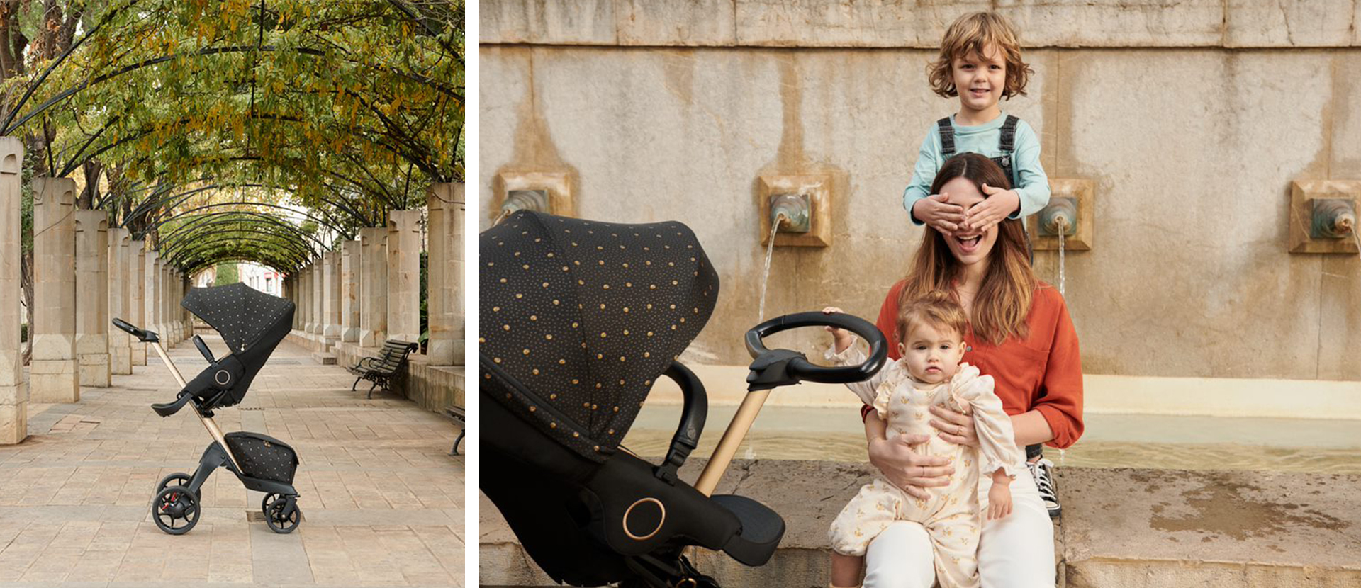 באנר של עגלה לתינוק מבית סטוקי ואמא עם שני ילדיה